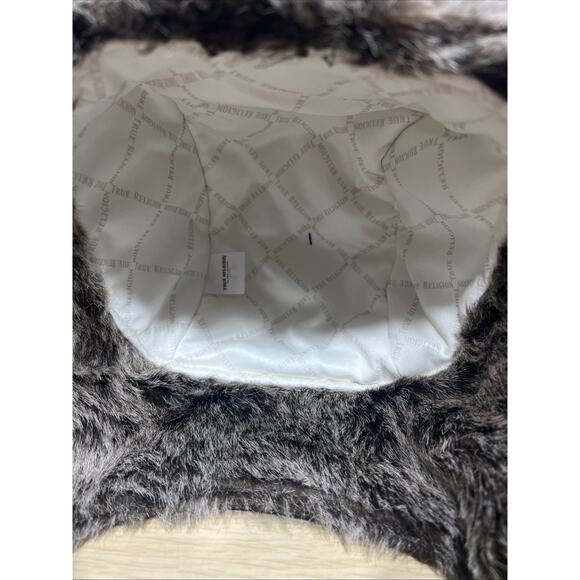 True Religion Trapper Hat Dark Blue Cotton Faux Fur Horseshoe Pockets Chin Strap - Picture 8 of 10